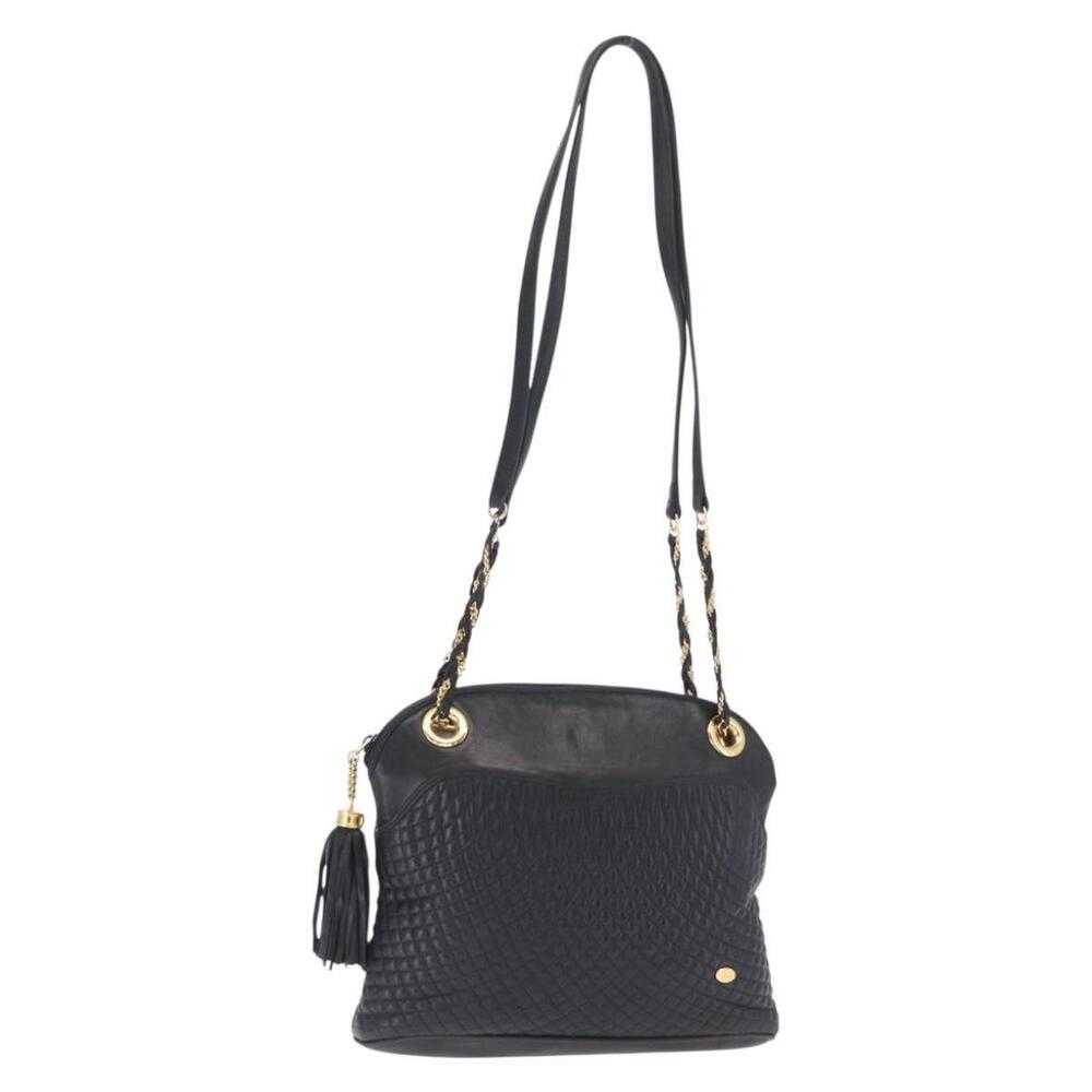 BALLY Chain Shoulder Bag Leather Navy Gold Auth 161052